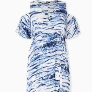 Blue Tie-Dye Gauze Cold Shoulder Wrap Midi Dress